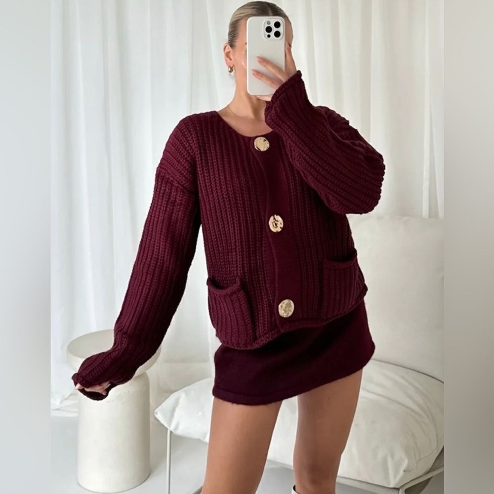 Zara chunky knit cardigan in burgundy - Picture 4 of 16